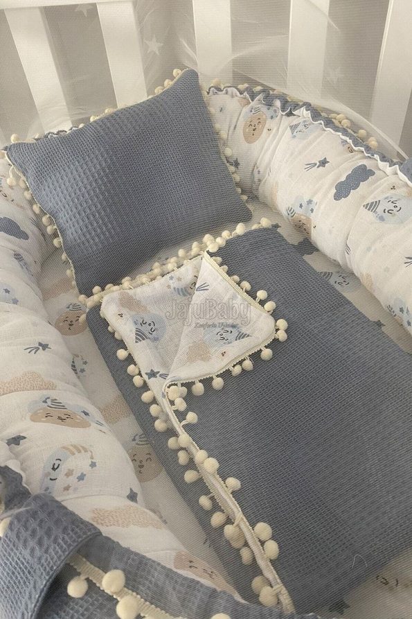 Jaju Baby Nest Denim Fabric Muslin Toy Set with Pom Poms