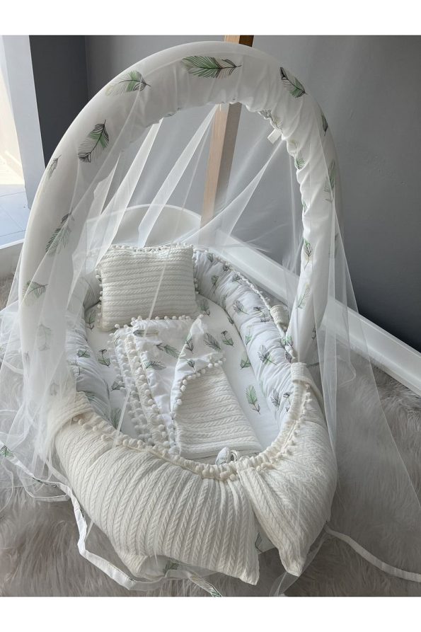 Jaju Baby Nest Knitted Fabric Feather Pattern Canopy Baby Nest and Blanket Set