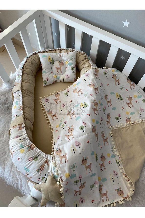 Jaju Baby Cute Fawn Luxury Design Pom-Pom 3-Piece Co-Sleeping Set