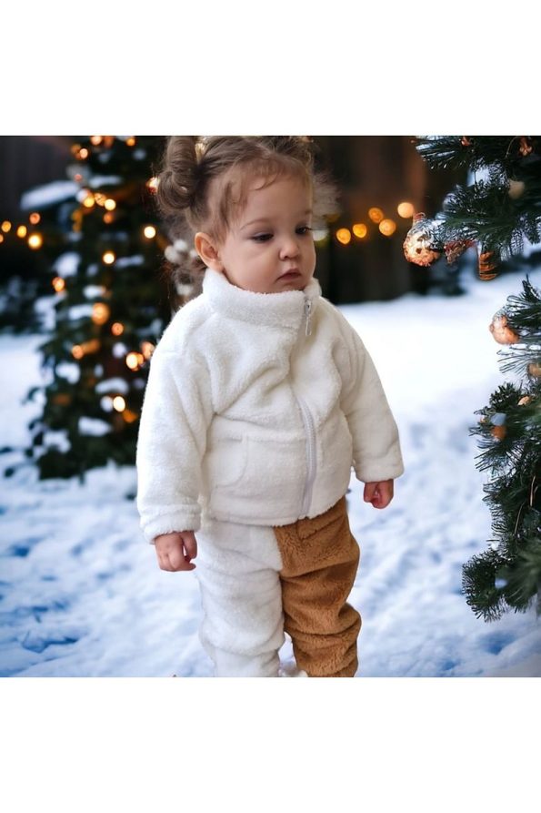 Baby White Plush Zip-Up Cardigan for Boys and Girls