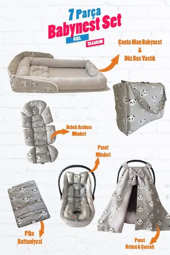 Jaju Baby Grey Panda 7-Piece Baby Nest and Stroller Cover Set