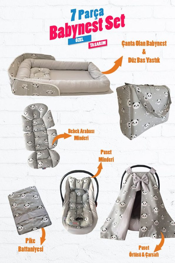 Jaju Baby Grey Panda 7-Piece Baby Nest and Stroller Cover Set