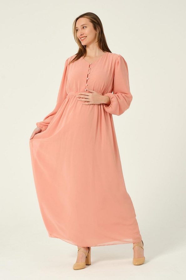 BUSA Maternity Tie Waist Chiffon Maxi Dress Salmon