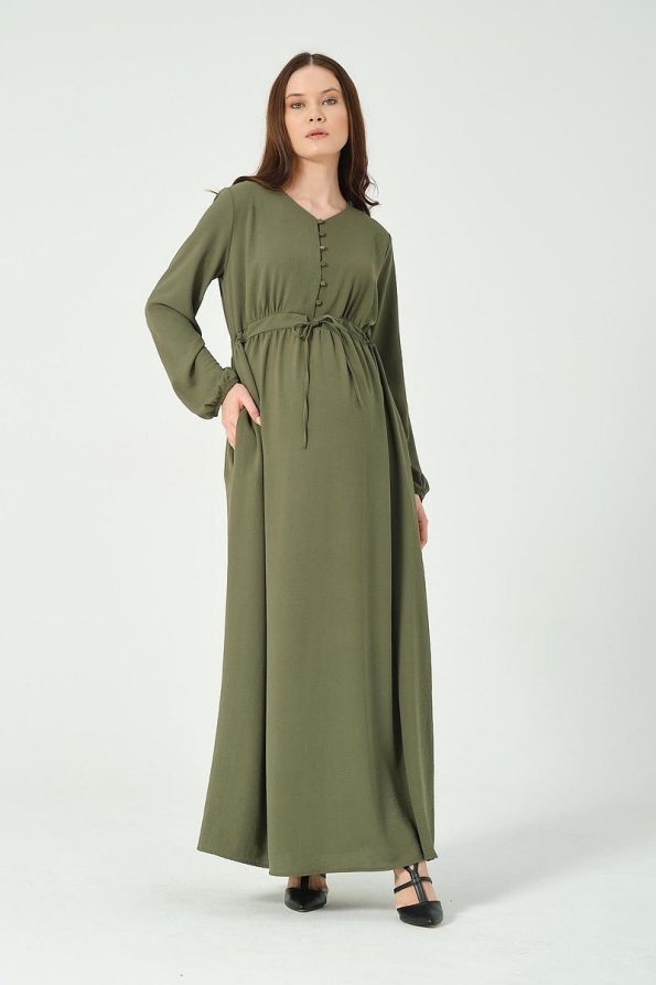BUSA Maternity Long Sleeve Maxi Dress with Tie Waist in Olive Green