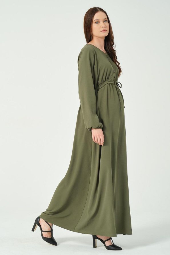 BUSA Maternity Long Sleeve Maxi Dress with Tie Waist in Olive Green