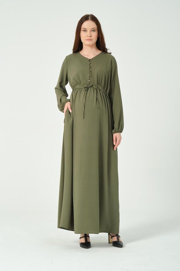 BUSA Maternity Long Sleeve Maxi Dress with Tie Waist in Olive Green