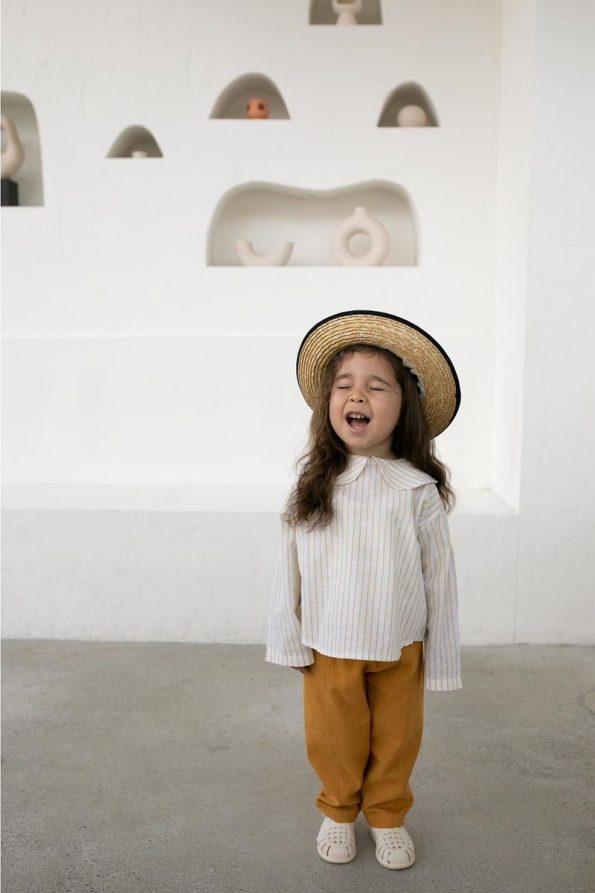 Blanie KIDS Baby Collar Raw Linen Girls Blouse and Pants Set