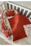 Jaju Baby Nest Terracotta Knit and Muslin Fabric Pom-Pom 3-Piece Co-Sleeping Baby Bed Set
