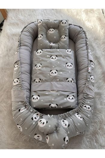 Jaju Baby Gray Panda Nest and Blanket Pillow 3 Piece Set