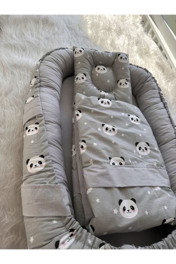 Jaju Baby Gray Panda Nest and Blanket Pillow 3 Piece Set