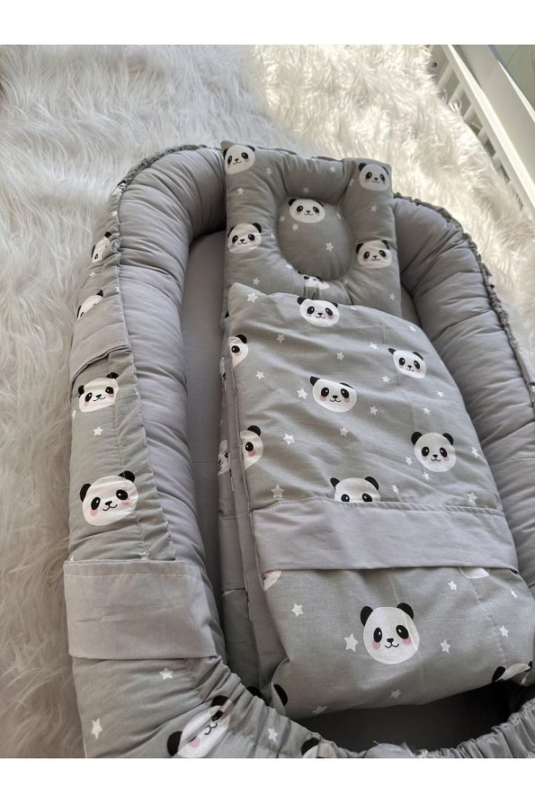 Jaju Baby Gray Panda Nest and Blanket Pillow 3 Piece Set