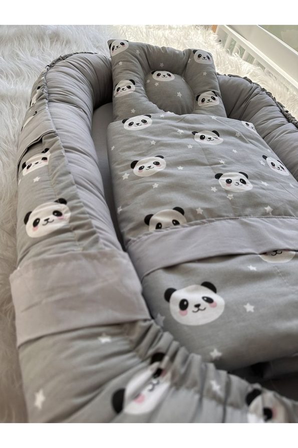 Jaju Baby Gray Panda Nest and Blanket Pillow 3 Piece Set