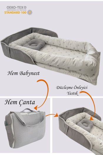 Jaju Baby Nest Gray Waffle Micky Patterned Portable Baby Crib