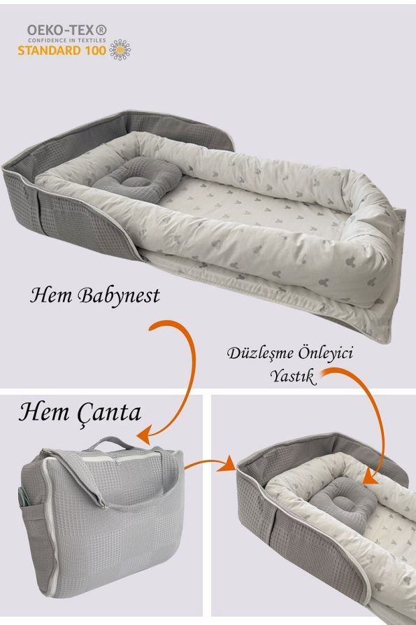 Jaju Baby Nest Gray Waffle Micky Patterned Portable Baby Crib