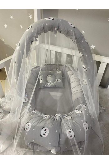 Jaju Baby Gray Panda Nest with Canopy and Toy Hanger