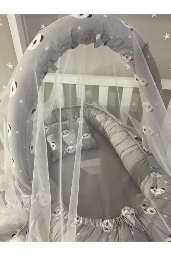 Jaju Baby Gray Panda Nest with Canopy and Toy Hanger