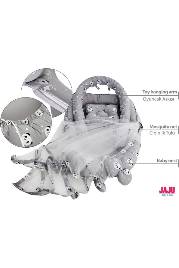 Jaju Baby Gray Panda Nest with Canopy and Toy Hanger