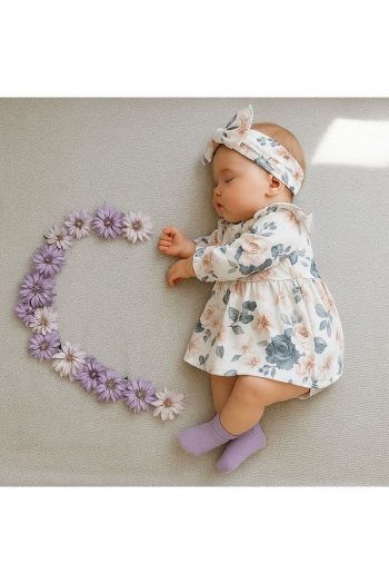 Minimus Newborn Girl Colorful Floral Cotton Dress with Headband