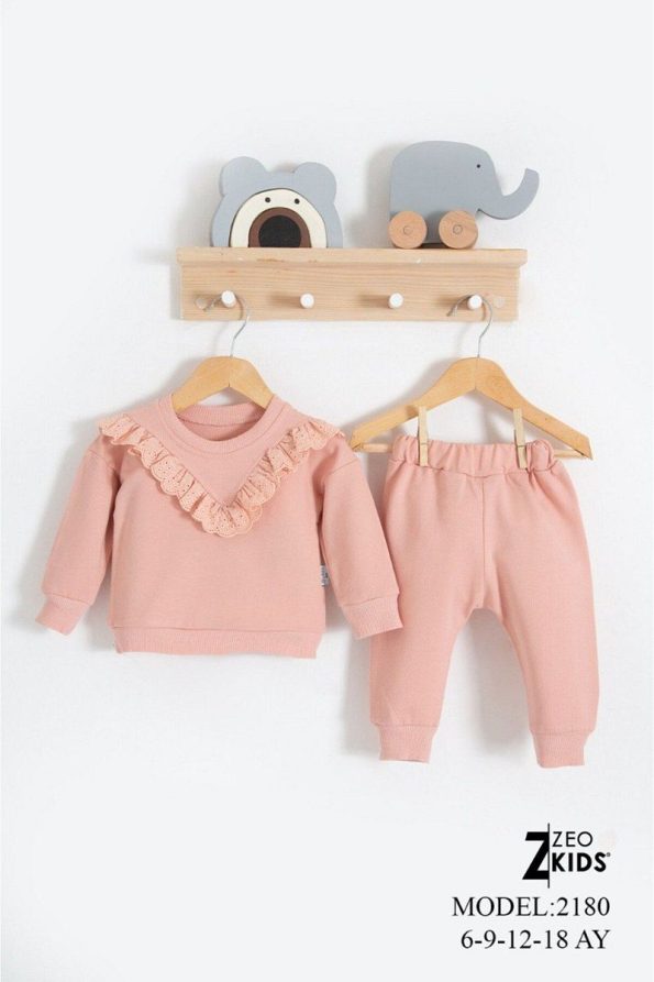 Pink V-Neck Lace Detail 2-Piece Baby Girl Set