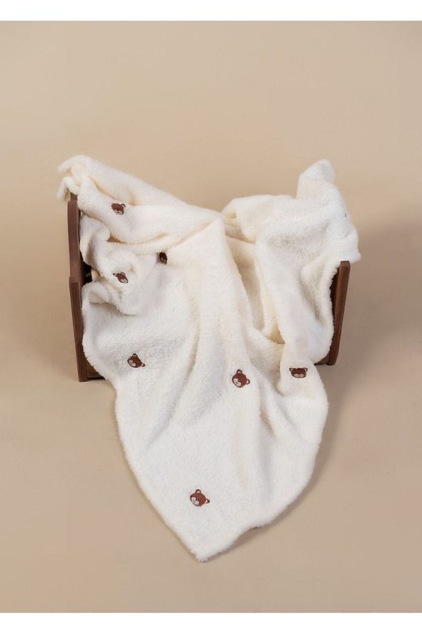 DensHaus Bear Pattern Embroidered Baby Blanket 90 X 110 Cream Wellsoft