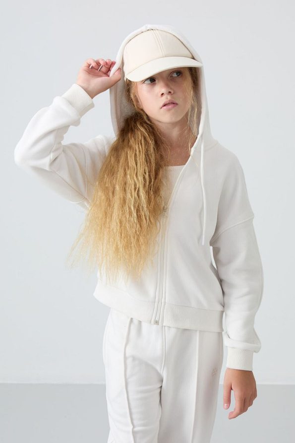 TOMMY LIFE Cream Cotton Fleece Lined Soft Texture Standard Fit Embroidered Girls' Tracksuit