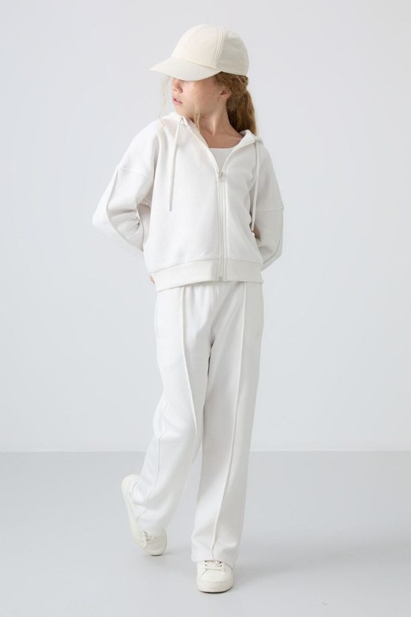 TOMMY LIFE Cream Cotton Fleece Lined Soft Texture Standard Fit Embroidered Girls' Tracksuit