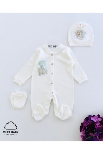 Mert Baby Yasmin Imported Lace Newborn Jumpsuit Hat Gloves Set