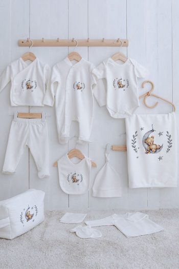 Tuğba Swan Organic 11-Piece Hospital Set - For Baby - Sleeping Bear in the Moonlight