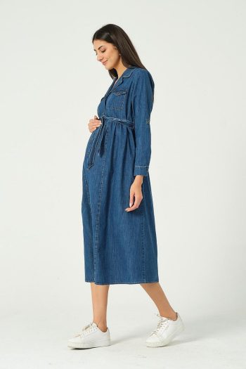 BUSA Maternity Front Button Tie Midi Denim Dress Blue