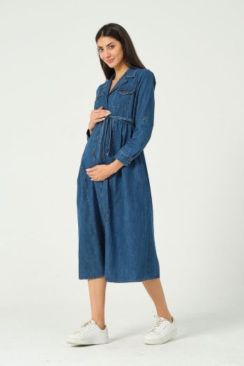 BUSA Maternity Front Button Tie Midi Denim Dress Blue
