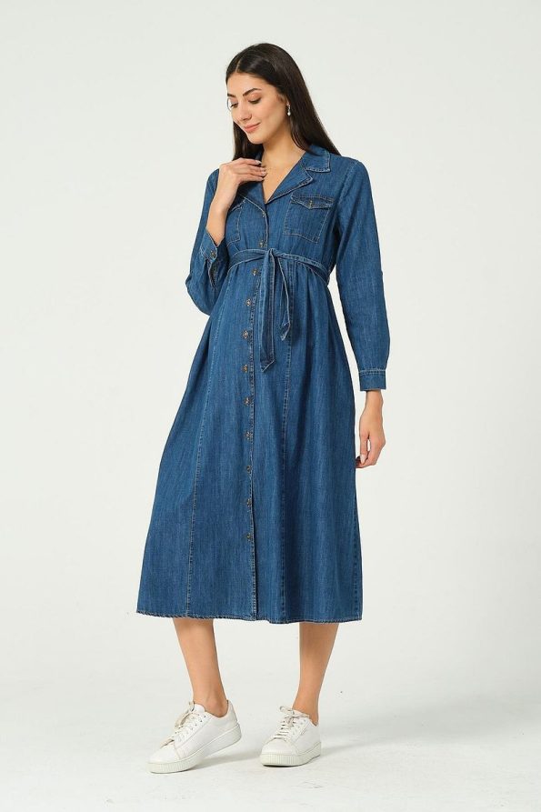 BUSA Maternity Front Button Tie Midi Denim Dress Blue