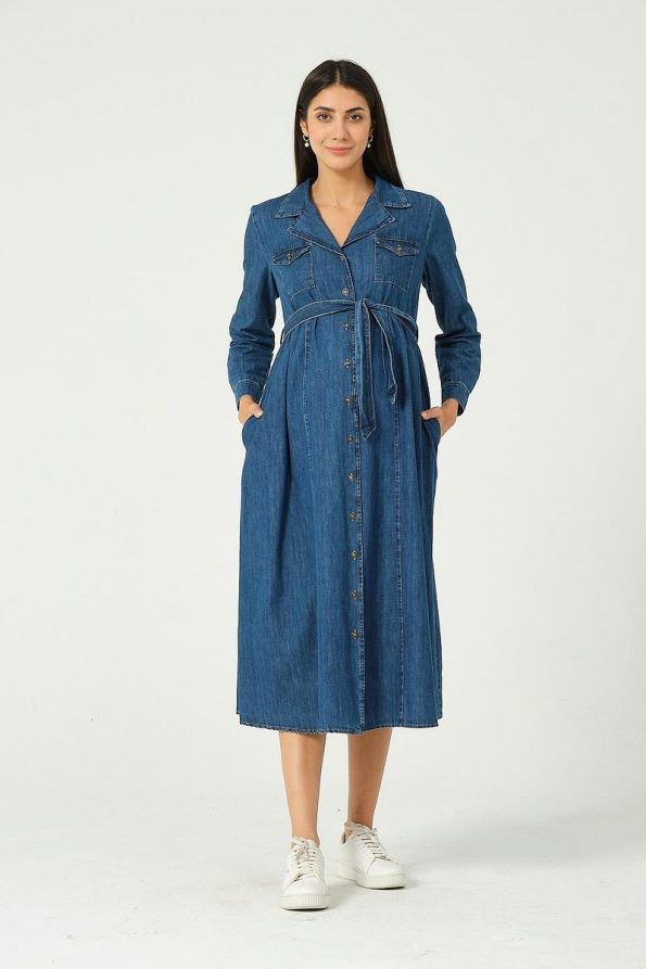 BUSA Maternity Front Button Tie Midi Denim Dress Blue
