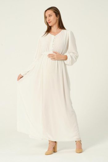 BUSA Maternity Chiffon Maxi Dress with Drawstring Waist White