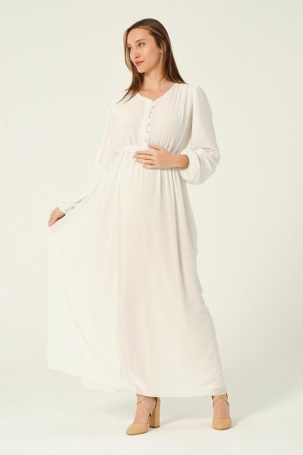 BUSA Maternity Chiffon Maxi Dress with Drawstring Waist White