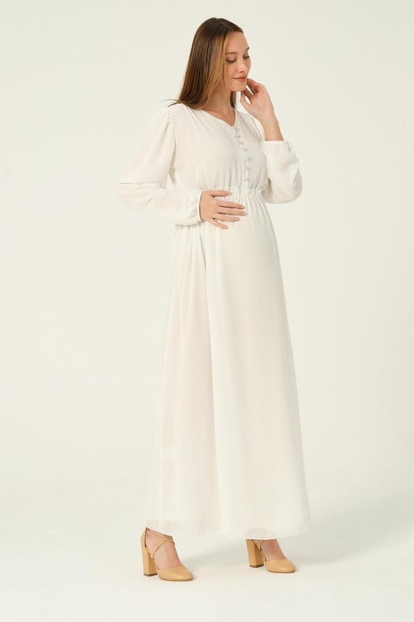 BUSA Maternity Chiffon Maxi Dress with Drawstring Waist White