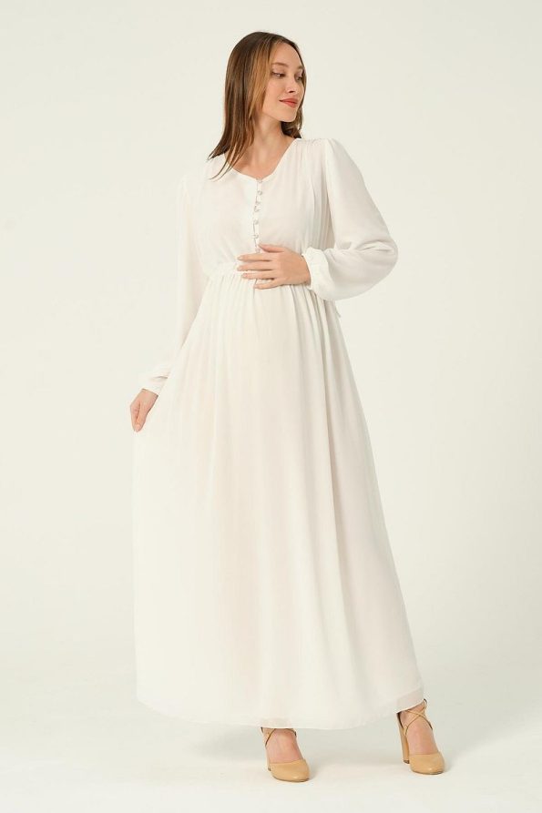 BUSA Maternity Chiffon Maxi Dress with Drawstring Waist White