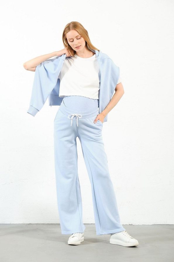BUSA Maternity Adjustable Waistband Loose Fit Hoodie Set Light Blue