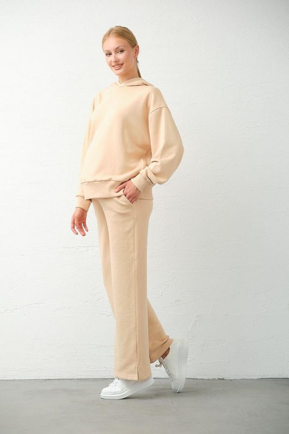 BUSA Maternity Adjustable Waistband Hooded Sweatpants Set Beige