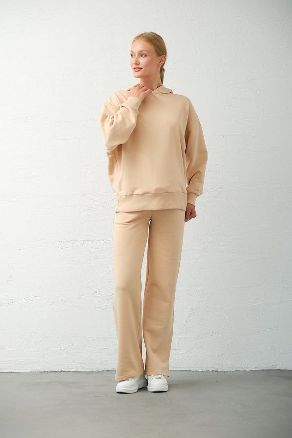 BUSA Maternity Adjustable Waistband Hooded Sweatpants Set Beige