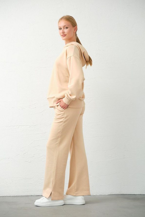 BUSA Maternity Adjustable Waistband Hooded Sweatpants Set Beige