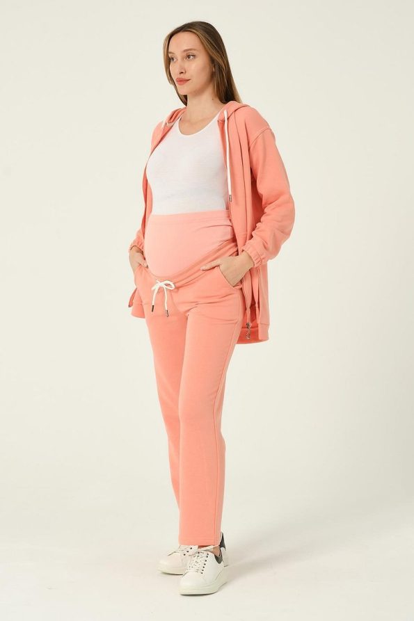BUSA Maternity Front Zipper Hooded 3-Piece Tracksuit Salmon