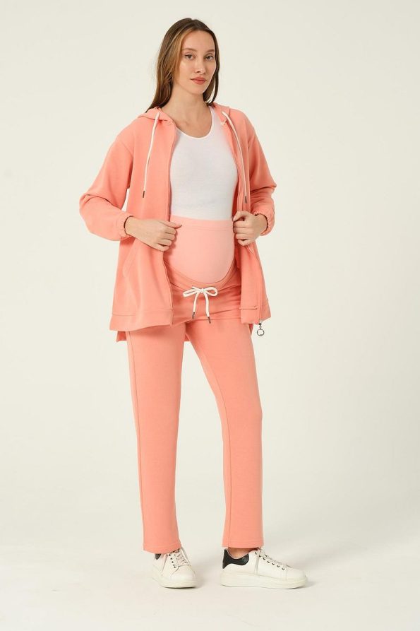 BUSA Maternity Front Zipper Hooded 3-Piece Tracksuit Salmon