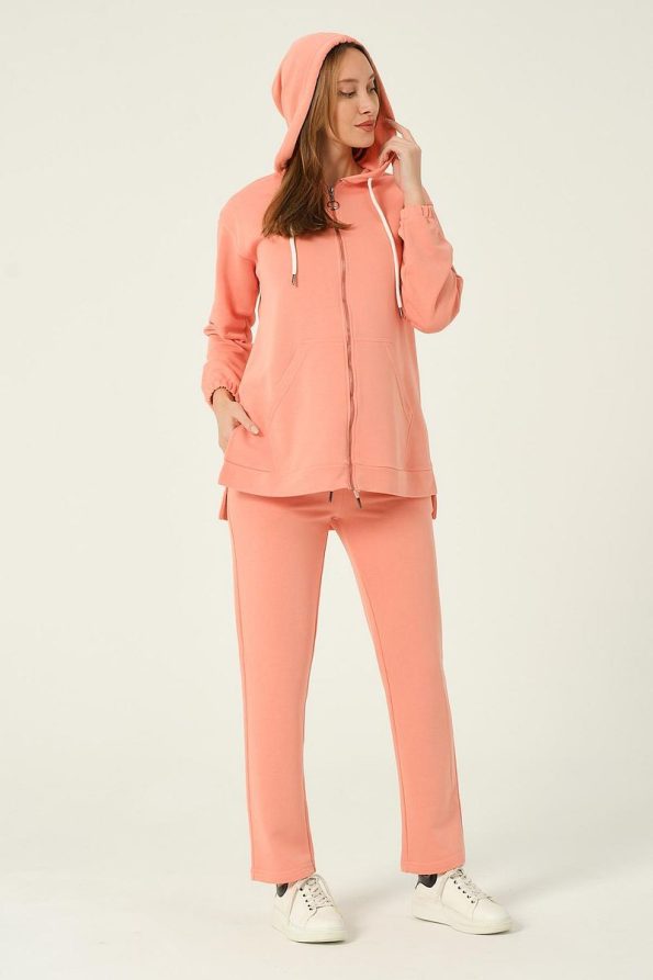 BUSA Maternity Front Zipper Hooded 3-Piece Tracksuit Salmon