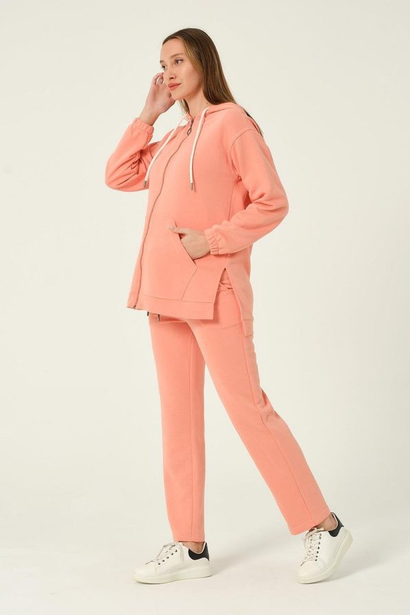 BUSA Maternity Front Zipper Hooded 3-Piece Tracksuit Salmon