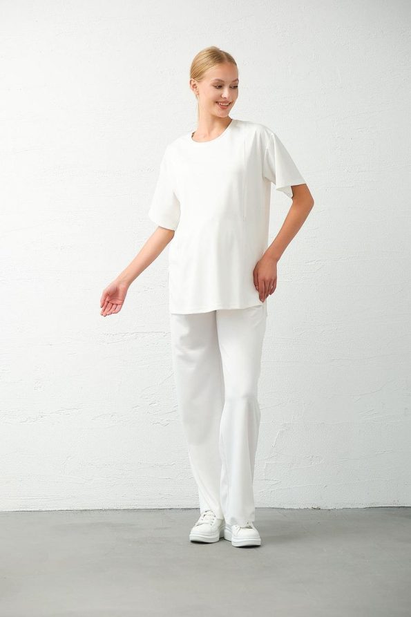 BUSA Maternity Short Sleeve Nursing Jumpsuit Set White