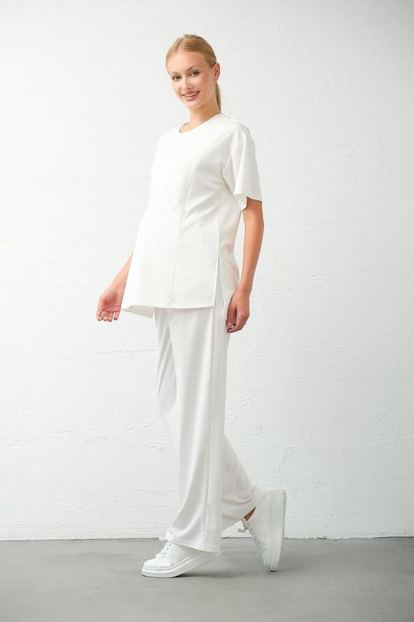 BUSA Maternity Short Sleeve Nursing Jumpsuit Set White