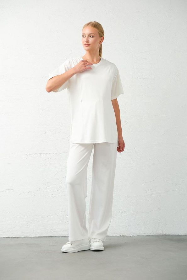 BUSA Maternity Short Sleeve Nursing Jumpsuit Set White