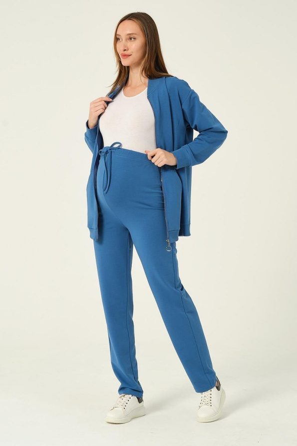 BUSA Maternity Zip-Up Hoodie High-Waisted Adjustable Sweatpants Set Indigo