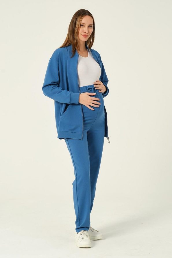 BUSA Maternity Zip-Up Hoodie High-Waisted Adjustable Sweatpants Set Indigo