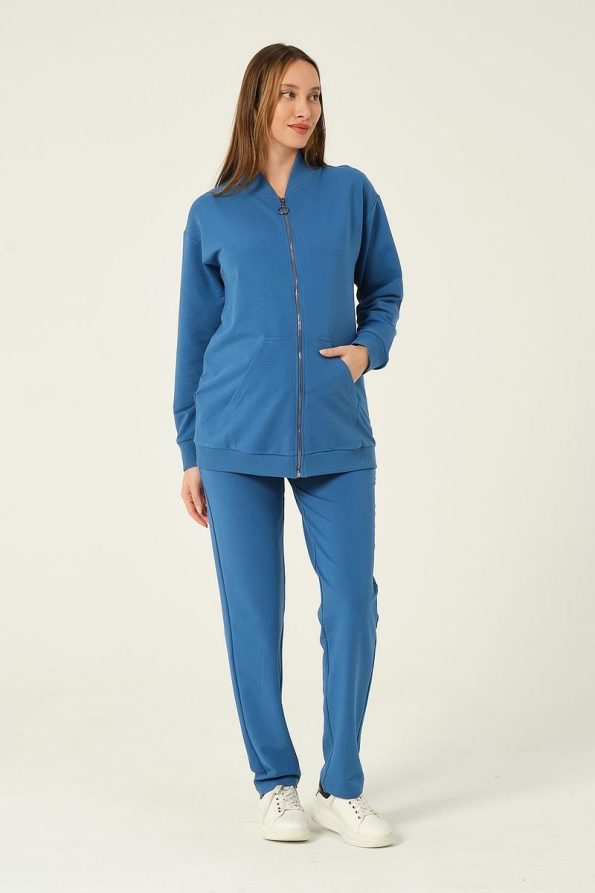 BUSA Maternity Zip-Up Hoodie High-Waisted Adjustable Sweatpants Set Indigo
